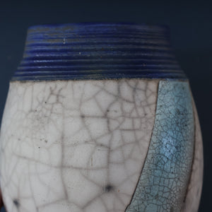 STUDIO POTTERY. David Howard Jones (b. 1953). 1980s Raku Vase with Crackle Glaze and Abstract Decoration