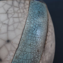 Load image into Gallery viewer, STUDIO POTTERY. David Howard Jones (b. 1953). 1980s Raku Vase with Crackle Glaze and Abstract Decoration
