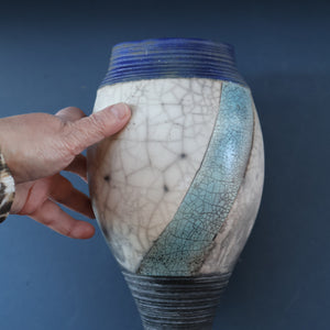 STUDIO POTTERY. David Howard Jones (b. 1953). 1980s Raku Vase with Crackle Glaze and Abstract Decoration