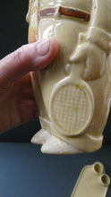Load image into Gallery viewer, Quirky 1930s JAPANESE Ceramic Decanter, Stand and Four Shot Glasses. TENNIS PLAYER
