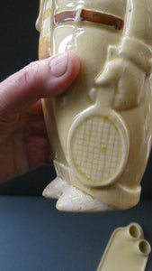 Quirky 1930s JAPANESE Ceramic Decanter, Stand and Four Shot Glasses. TENNIS PLAYER