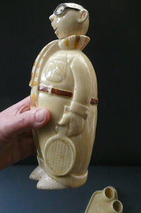 Quirky 1930s JAPANESE Ceramic Decanter, Stand and Four Shot Glasses. TENNIS PLAYER