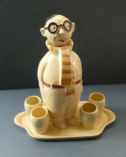 Quirky 1930s JAPANESE Ceramic Decanter, Stand and Four Shot Glasses. TENNIS PLAYER