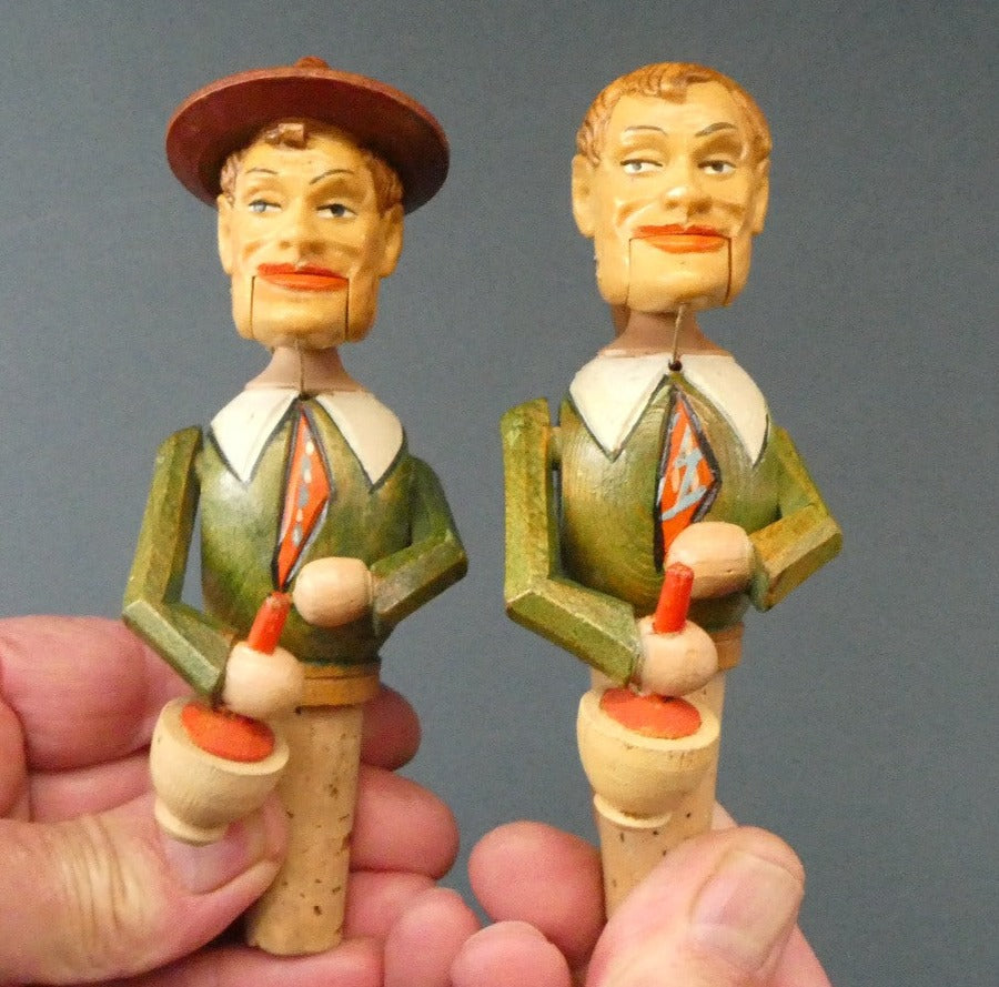 PAIR of Vintage Mid-Century Italiam ANRI Articulated Wooden Bottle Stoppers.
