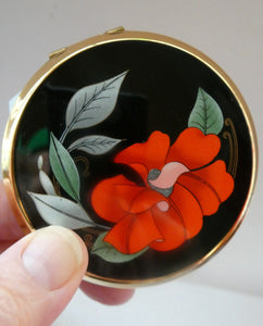 Vintage 1970s Stratton Powder Compact. Black Enamel with Red Flowers: UNUSED AND BOXED