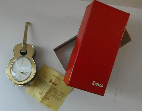 Vintage 1960s Gold Tone NOVELTY GUITAR Desk Clock with Alarm. SWISS MADE by Swiza. BOXED