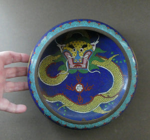 Antique 1900s Chinese Cloisonne Dragon Bowl with Blue Ground
