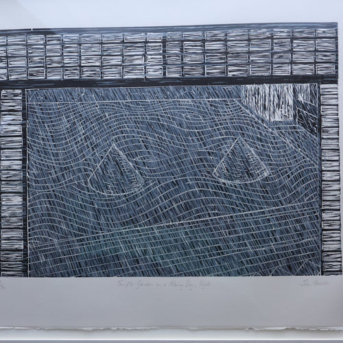 SCOTTISH ART. Woodcut. Temple Garden on a Rainy Day, Kyoto (1989) by John Houston (1930 - 2008)