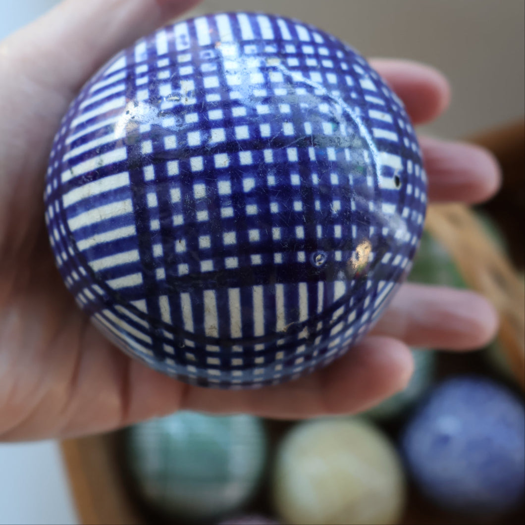 SINGLE Scottish Victorian Ceramic Carpet Bowl. Dark Blue Check Pattern