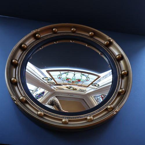 VINTAGE Regency Style Round Convex Wall Mirror - with Gold Wooden Frame Embellished with Balls