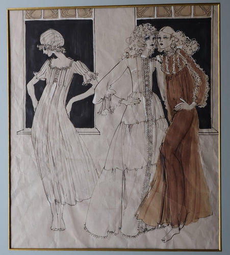 1960s Vintage Original Fashion Drawing Showing Three Glamour Models in La Mode Outfits