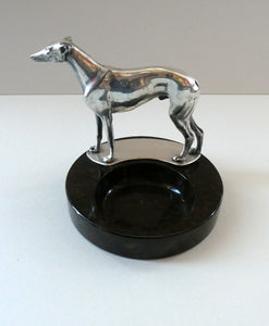  1930s Art Deco Silver Plate Greyhound Sculpture. Mounted on a Coin or Pin Dish