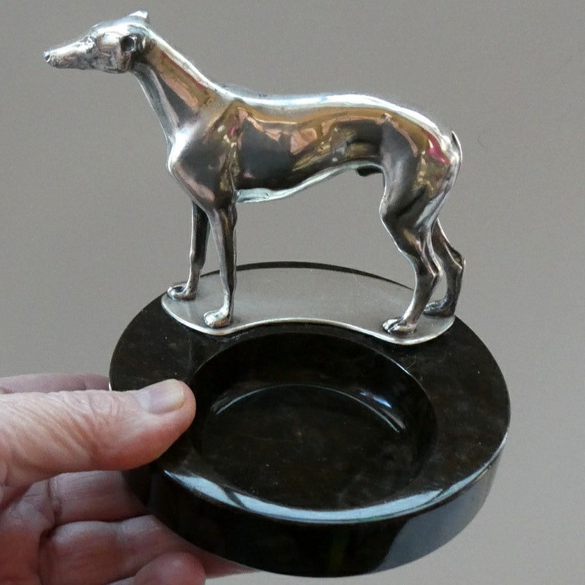  1930s Art Deco Silver Plate Greyhound Sculpture. Mounted on a Coin or Pin Dish