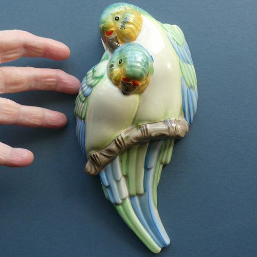 ART DECO 1930s Wall Pocket by CLARICE CLIFF. In the form of two Love Birds or Budgies