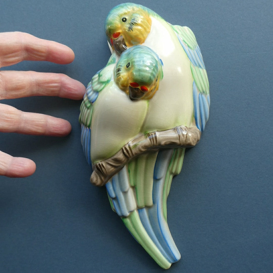 ART DECO 1930s Wall Pocket by CLARICE CLIFF. In the form of two Love Birds or Budgies
