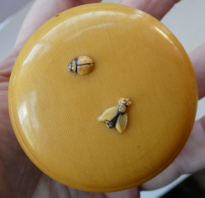 1930s Small Circular Lidded Pill Box with Fly and Ladybird Butterscotch Bakelite