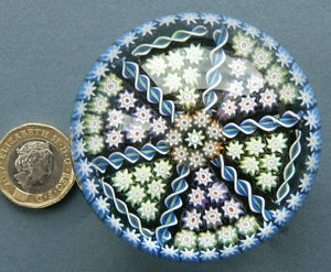 Scottish PERTHSHIRE Paperweight. Dark Aqua Ground. 6 Spokes & Millefiori Canes with P Cane