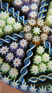 Scottish PERTHSHIRE Paperweight. Dark Aqua Ground. 6 Spokes & Millefiori Canes with P Cane