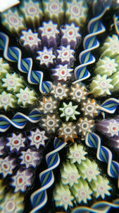 Scottish PERTHSHIRE Paperweight. Dark Aqua Ground. 6 Spokes & Millefiori Canes with P Cane