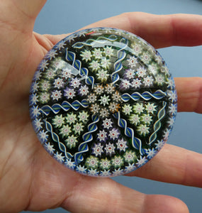 Scottish PERTHSHIRE Paperweight. Dark Aqua Ground. 6 Spokes & Millefiori Canes with P Cane
