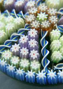 Scottish PERTHSHIRE Paperweight. Dark Aqua Ground. 6 Spokes & Millefiori Canes with P Cane