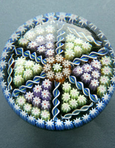Scottish PERTHSHIRE Paperweight. Dark Aqua Ground. 6 Spokes & Millefiori Canes with P Cane