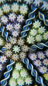 Scottish PERTHSHIRE Paperweight. Dark Aqua Ground. 6 Spokes & Millefiori Canes with P Cane