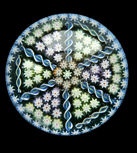 Scottish PERTHSHIRE Paperweight. Dark Aqua Ground. 6 Spokes & Millefiori Canes with P Cane