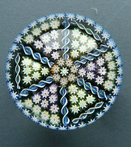 Scottish PERTHSHIRE Paperweight. Dark Aqua Ground. 6 Spokes & Millefiori Canes with P Cane