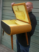 Load image into Gallery viewer, 1950s SHERBOURNE Lidded Sewing Box taking the form of a Stool. With Dansette Style Legs
