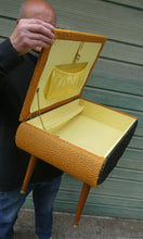 Load image into Gallery viewer, 1950s SHERBOURNE Lidded Sewing Box taking the form of a Stool. With Dansette Style Legs
