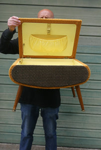 1950s SHERBOURNE Lidded Sewing Box taking the form of a Stool. With Dansette Style Legs