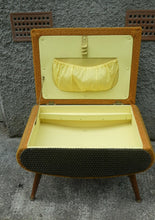 Load image into Gallery viewer, 1950s SHERBOURNE Lidded Sewing Box taking the form of a Stool. With Dansette Style Legs
