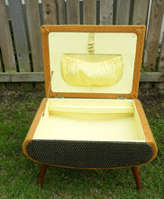 Load image into Gallery viewer, 1950s SHERBOURNE Lidded Sewing Box taking the form of a Stool. With Dansette Style Legs
