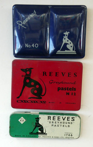 Set of THREE Vintage 1950s REEVES Art Material Tins. Each with Distinctive Greyhound Logo