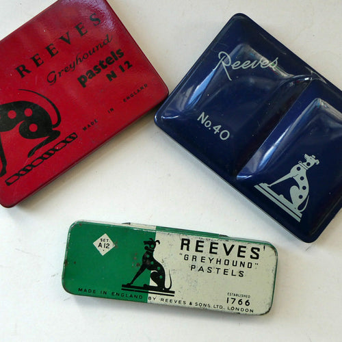 Set of THREE Vintage 1950s REEVES Art Material Tins. Each with Distinctive Greyhound Logo