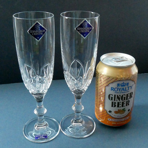 Vintage Edinburgh Crystal PAIR of Tall CHAMPAGNE Flute Glasses.  7 3/8 inches