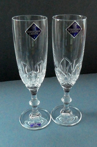 Vintage Edinburgh Crystal PAIR of Tall CHAMPAGNE Flute Glasses.  7 3/8 inches