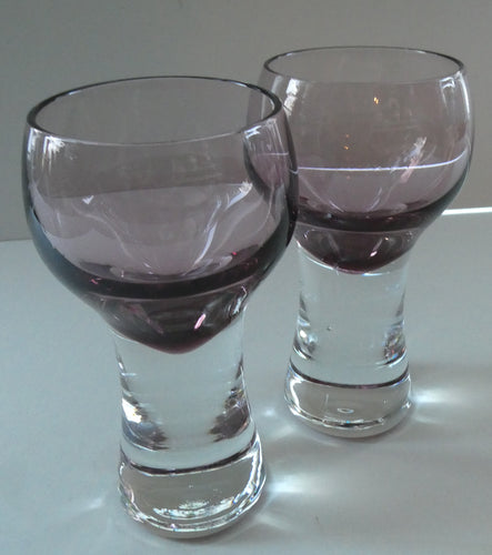 PAIR of Caithness CANISBAY LARGE Amethyst Coloured Wine Glasses. Space Age Shape. 5 3/4 inches in height