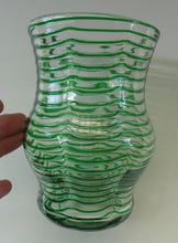 Load image into Gallery viewer, RARE Art Nouvean Clear Glass Vase with Applied Emerald Green Trails (probably Stuart &amp; Sons). Height: 7 inches
