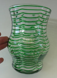 RARE Art Nouvean Clear Glass Vase with Applied Emerald Green Trails (probably Stuart & Sons). Height: 7 inches