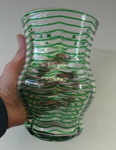 RARE Art Nouvean Clear Glass Vase with Applied Emerald Green Trails (probably Stuart & Sons). Height: 7 inches