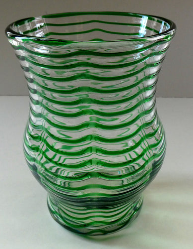 RARE Art Nouvean Clear Glass Vase with Applied Emerald Green Trails (probably Stuart & Sons). Height: 7 inches