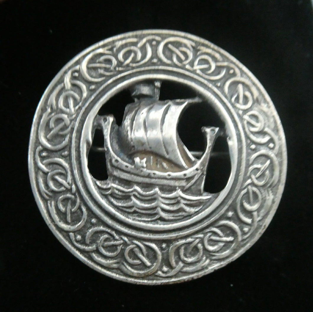 Vintage 1950s Celtic Design Hallmarked Silver Brooch by Robert Allison with Viking Ship Design