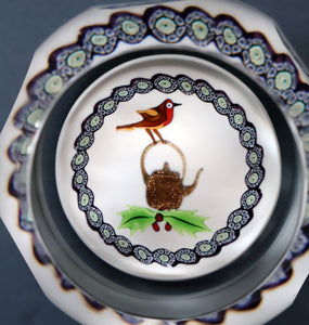 Scottish Caithness Glass Paperweight: ROBIN AND KETTLE by Colin Terris 1983