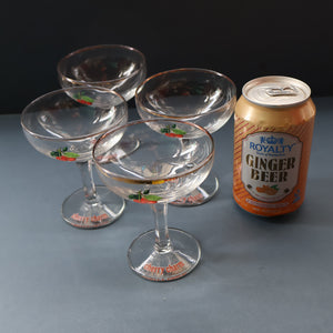 Set of FOUR Vintage Matching 1960s CHERRY B / CHERRY CHARM Coupe or Babycham Shape Glasses - with Red Cherries Motif. FREE POSTAGE