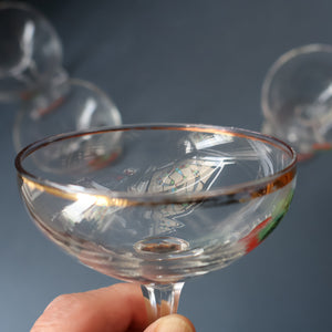 Set of FOUR Vintage Matching 1960s CHERRY B / CHERRY CHARM Coupe or Babycham Shape Glasses - with Red Cherries Motif. FREE POSTAGE