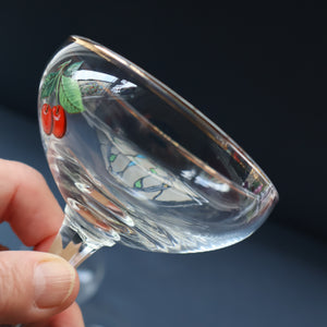 Set of FOUR Vintage Matching 1960s CHERRY B / CHERRY CHARM Coupe or Babycham Shape Glasses - with Red Cherries Motif. FREE POSTAGE