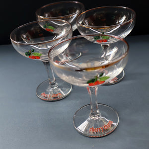 Set of FOUR Vintage Matching 1960s CHERRY B / CHERRY CHARM Coupe or Babycham Shape Glasses - with Red Cherries Motif. FREE POSTAGE