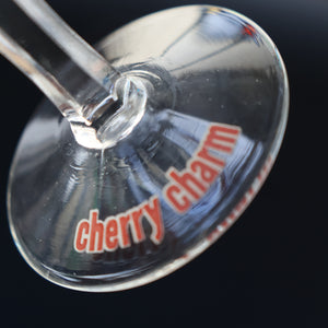 Set of FOUR Vintage Matching 1960s CHERRY B / CHERRY CHARM Coupe or Babycham Shape Glasses - with Red Cherries Motif. FREE POSTAGE